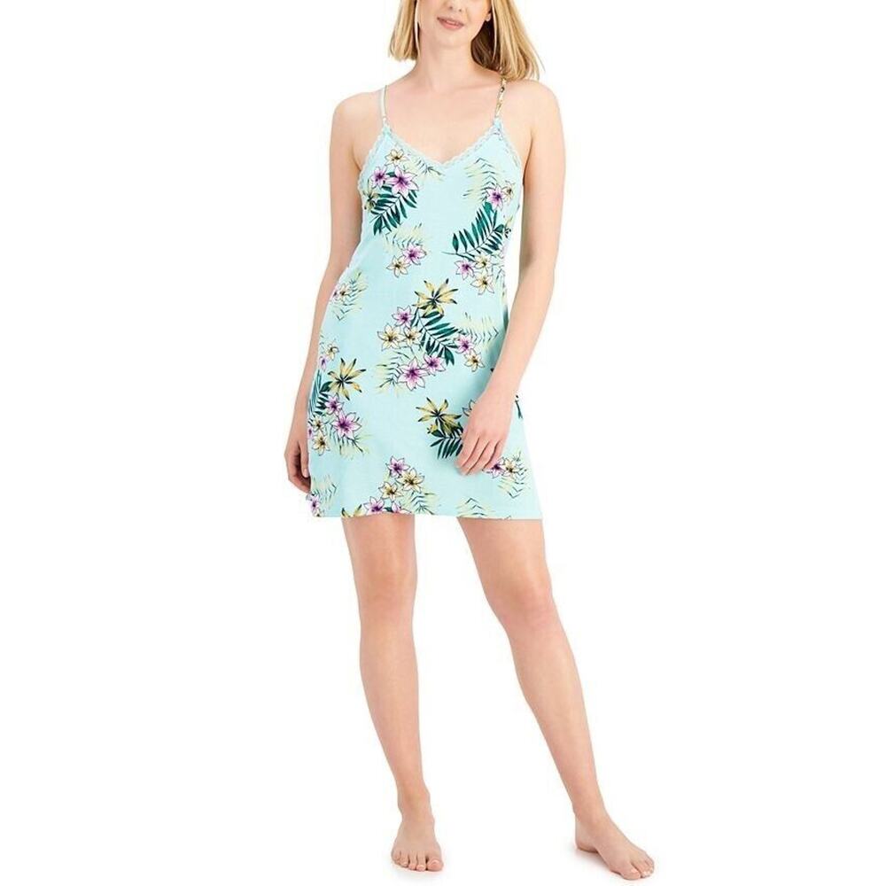 I.N.C. Int Concepts Women Teal Floral Knit Rayon Lace Chemise Nightgown Size XS